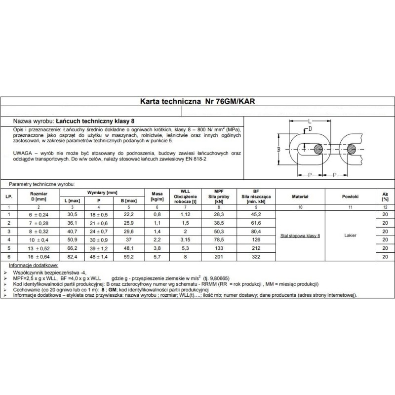 Łańcuch techniczny czarny 8mm g8 wll 2t