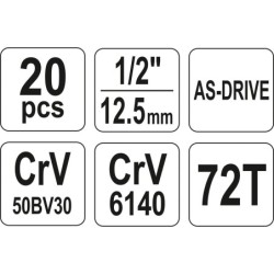 Zestaw kluczy nasadowych 1/2'' 20-częściowy