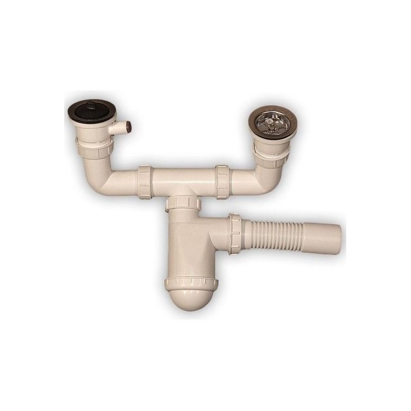 Syfon zlewozmywakowy 2 komory - sitko met. Z wyjściem na pra