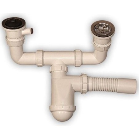 Syfon zlewozmywakowy 2 komory - sitko met. Z wyjściem na pra